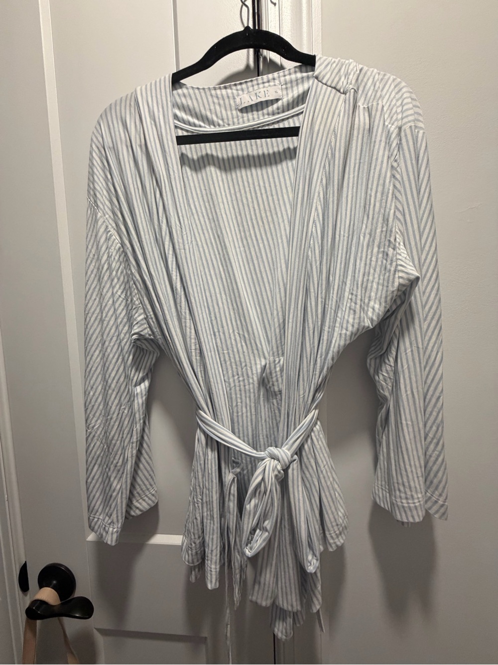 LAKE Striped Cotton-Blend Robe in Light Blue and White